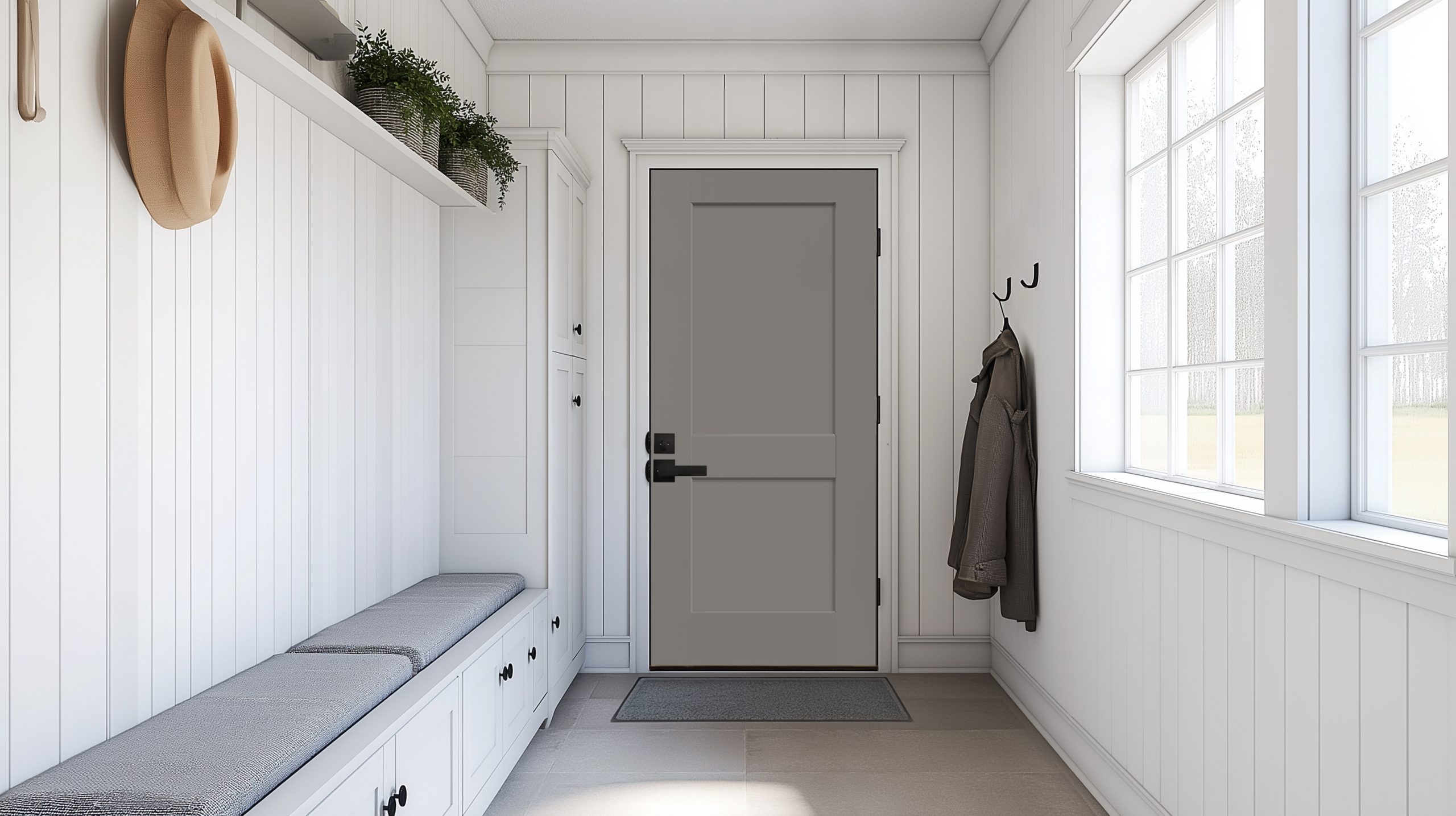 2-panel flat shaker house to garage door for mudroom