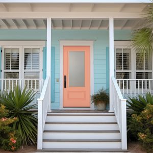 bright coastal color palette with blue siding and coral front door