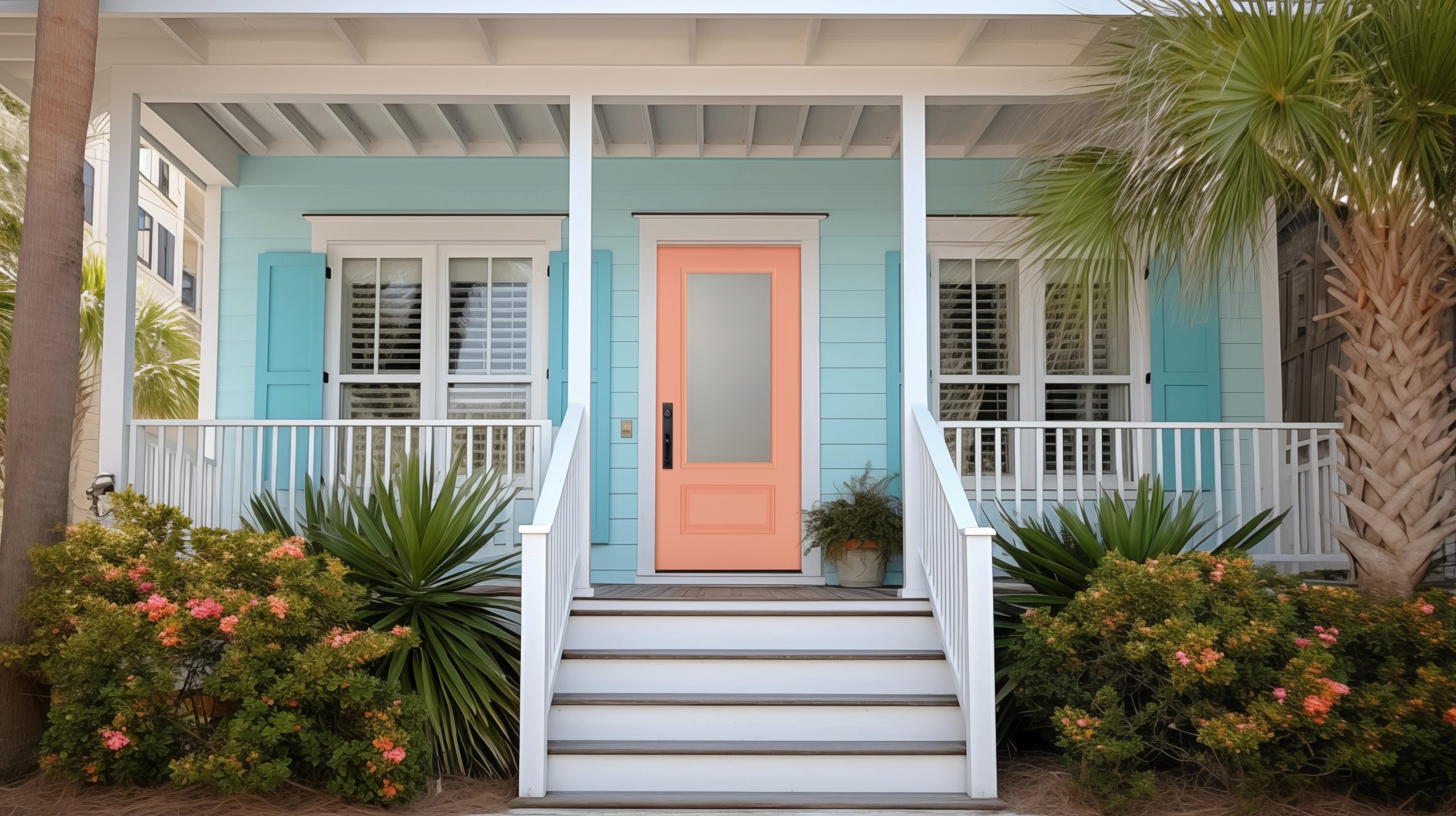 bright coastal color palette with blue siding and coral front door